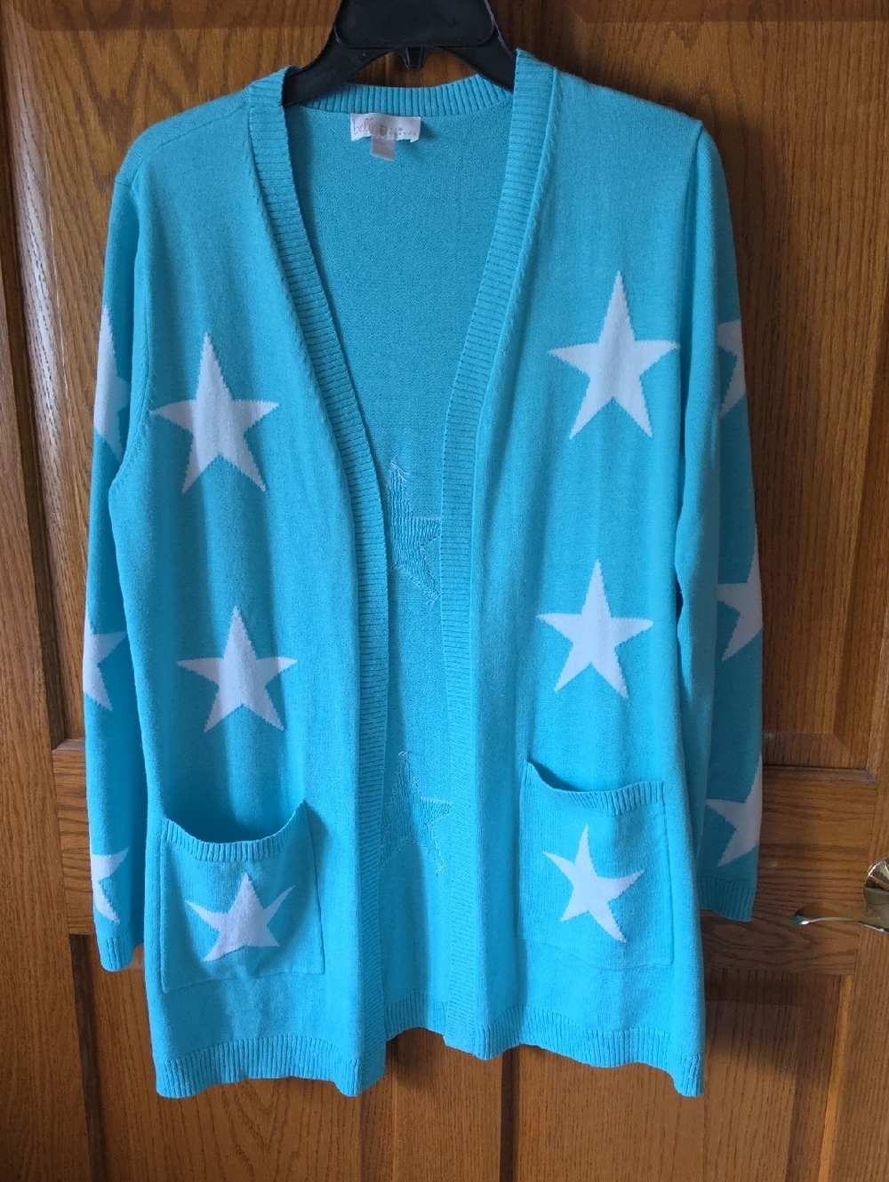 Belle by Kim Gravel Turquoise and White Star-Print Open Cardigan